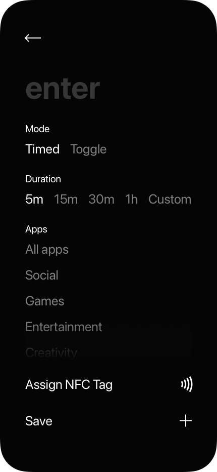 Black Out mode editor with timed and toggle options, duration presets, app selection and NFC tag assignment